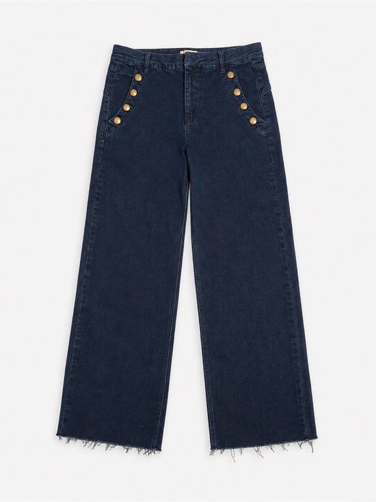 Cream Denim - Cream Wide-Leg Dark Blue Jeans with Button Detail - Women